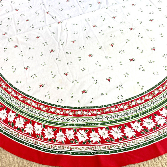 Vintage Christmas Tablecloth White Cotton Red & Green Border Oval Retro Holiday - Picture 3 of 7